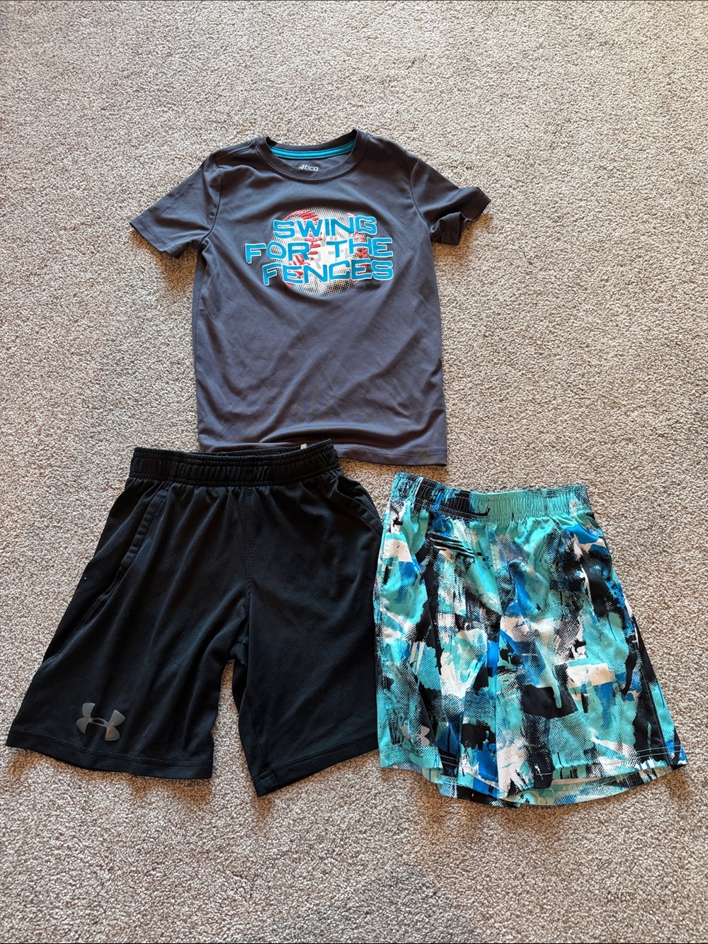 Under Armour Kids Gray Tee with Black & Teal Patterned Swim Trunks